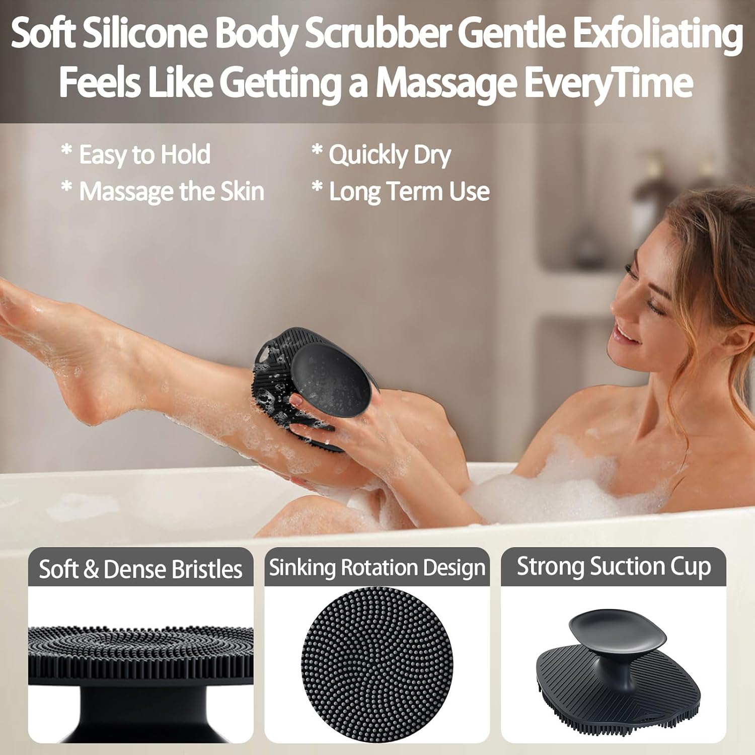 Soft Silicone Body Scrubber, Gentle Like a Hand Exfoliating Your Skin and Build Up Lather Easily, Back Large Suction Cup Easy to Store, Long-Lasting & Deep Clean (Black) - Image 4