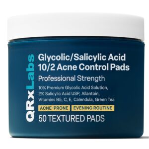 QRxLabs Glycolic + Salicylic Acid Acne Control Pads with 10% Ultra Pure Glycolic & 2% Salicylic, Allantoin, Vitamin B5, C & E, Calendula & Green Tea - Acne Treatment for Clear Skin