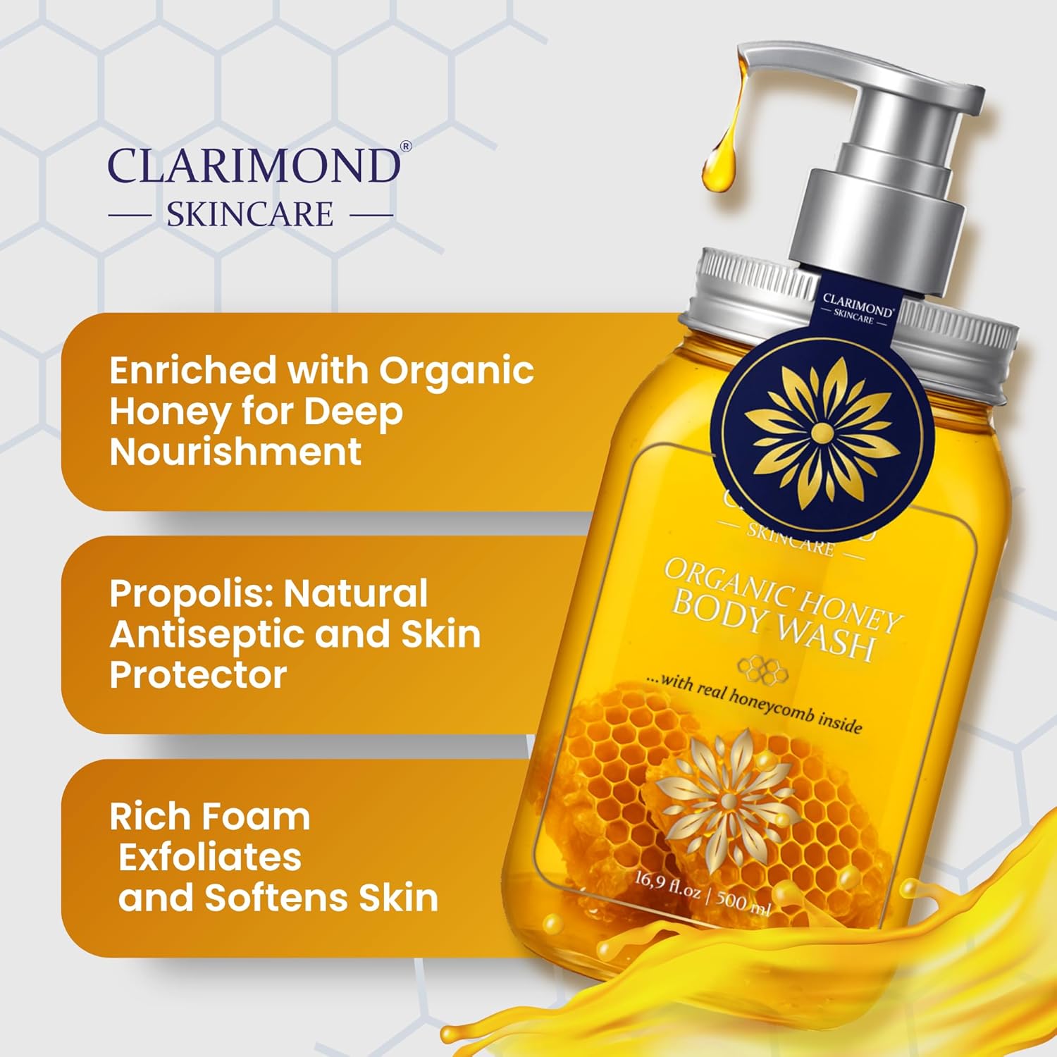 Clarimond Artisanal Honey Body Wash with Royal Jelly, Honeycomb & Propolis, Aloe Vera & Rosemary extract for Deep Nourishment & Rich Foaming Exfoliation, Paraben & Sulfate Free, - Image 2