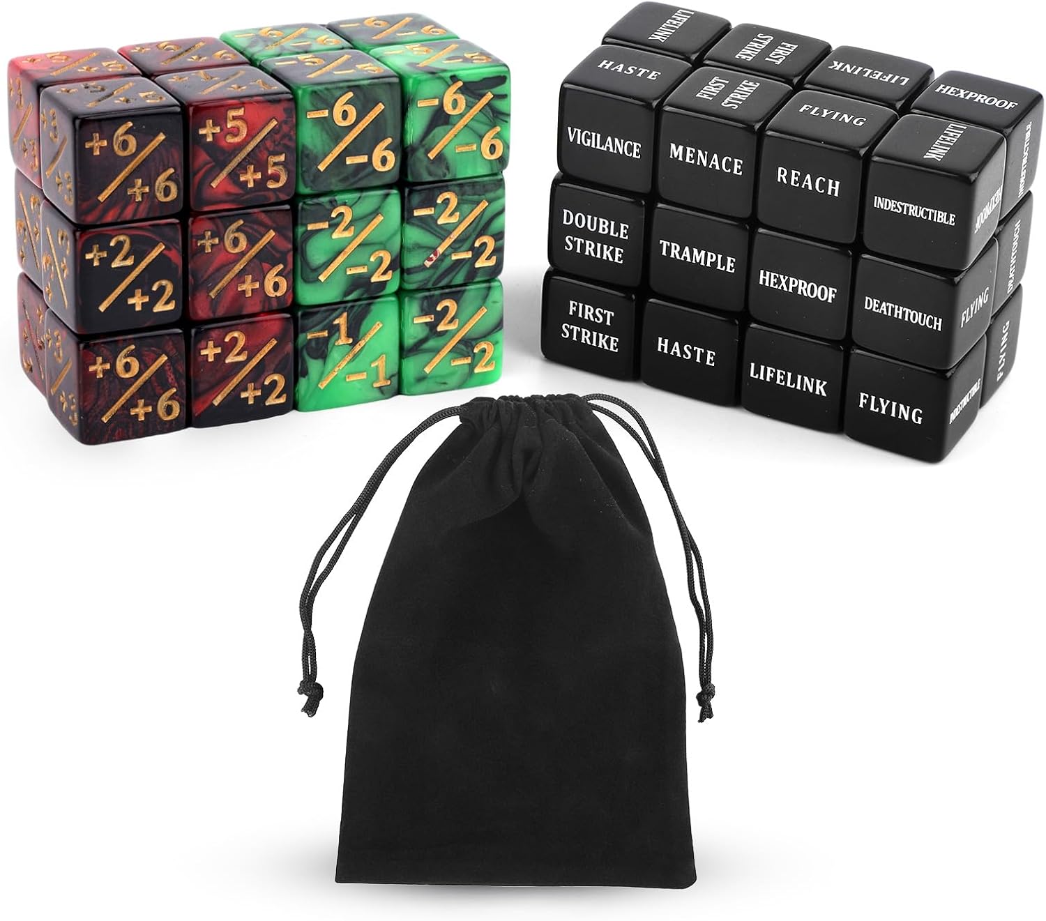 48pcs Abilities Keywords Counter Dice with Velvet Pouch, Acrylic Loyalty Dice Tokens Magic Life Counters Set Creature Stats Buff for MTG TCG Gathering Party Card Gaming Accessories