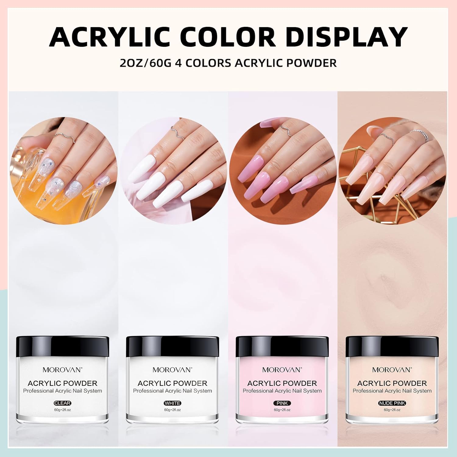 Morovan 4 Color Acrylic Nail Powder Set Clear Nude Pink White for Nail Art - Image 5