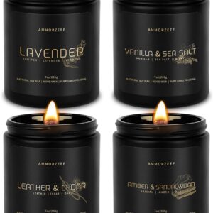 4 Pack Manly Scented Candles for Men Burn Time 200h Soy Candle Set for Home 7Oz Wood Wick Aromatherapy Candles for Relaxation Scented Leather Cedar/Lavender/Amber Sandalwood/Vanilla Candles