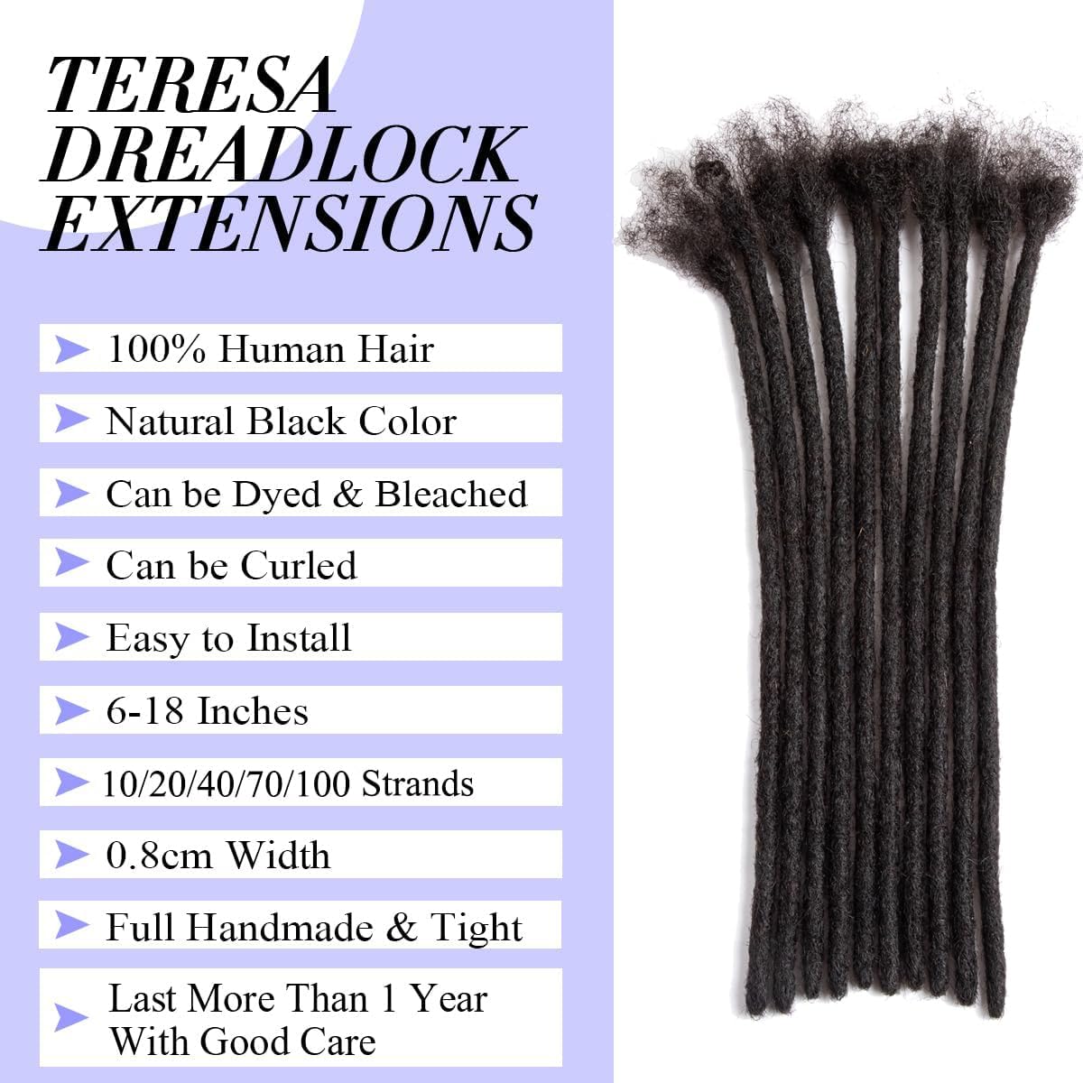 Teresa 100% Human Hair Dreadlock Extensions 10-100 Strands 6-18 Inch Handmade - Image 2