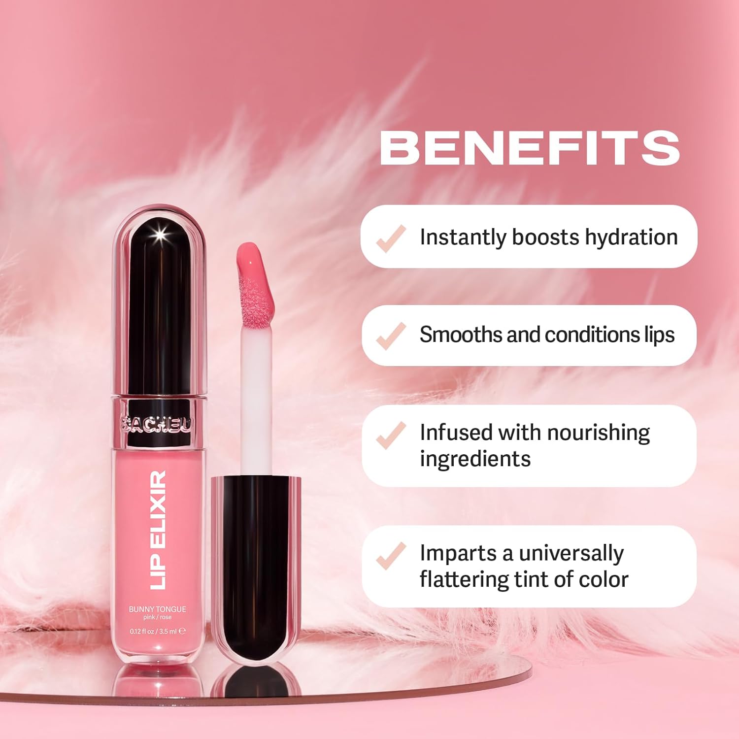 Sacheu Lip Elixir Nourishing and Hydrating Lipgloss — Moisturizing Plumping Lip Gloss Enriched with Collagen, Non-Sticky Lip Color Smooth High-Shine Finish, Vegan & Cruelty-Free, Bunny Tongue (Pink) - Image 3