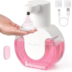 Automatic Foaming Soap Dispenser Touchless Wall Mount and Scented Tablet Included 15oz auto with 4 Levels Adjustable USB Rechargeable Infared Sensor for Bathroom Kitchen, White