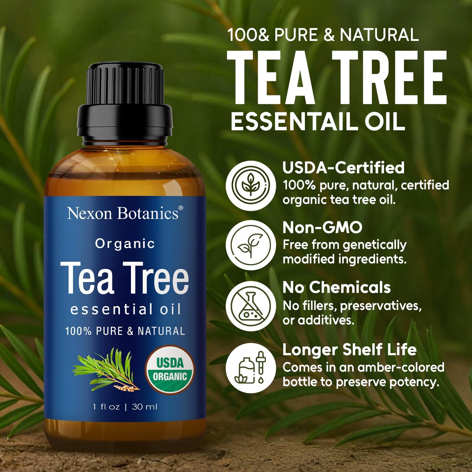 Organic Tea Tree Oil 30 ml - Pure, Natural Melaleuca Alternifolia Essential Oil for Skin, Face, Scalp, Aromatherapy & Diffusers - Nexon Botanics - Image 2