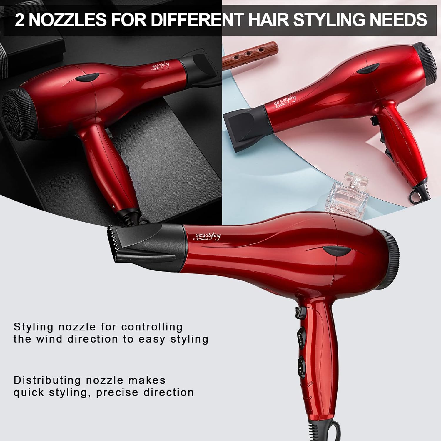 1875W Professional Salon Hair Dryer Cola Red with 2 Nozzles and 3 Heat Settings - Image 6