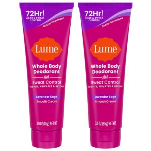 Lume Whole Body Deodorant Plus Sweat Control - Smooth Cream Tube - 72 Hour Odor And Sweat Control - Baking Soda Free, Skin Loving - 3.0 ounce (Pack of 2) (Lavender Sage)