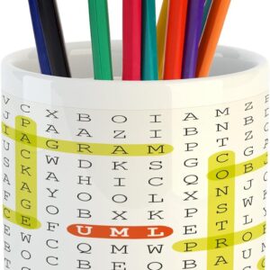 Ambesonne Word Search Game Pencil Pen Holder, Unified Modeling Language Word Game with Highlighted Keywords, Ceramic Pencil Holder for Desk Office Accessory, 3.6" X 3.2", Black Yellow Orange