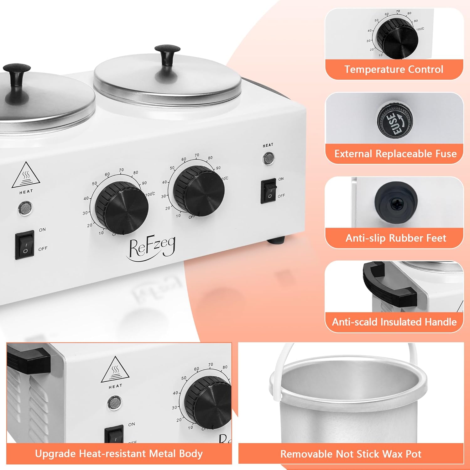 Professional Double Pot Wax Warmer Heater Machine for Painless Hair Removal with 50 Sticks and 20 Collars - Image 3