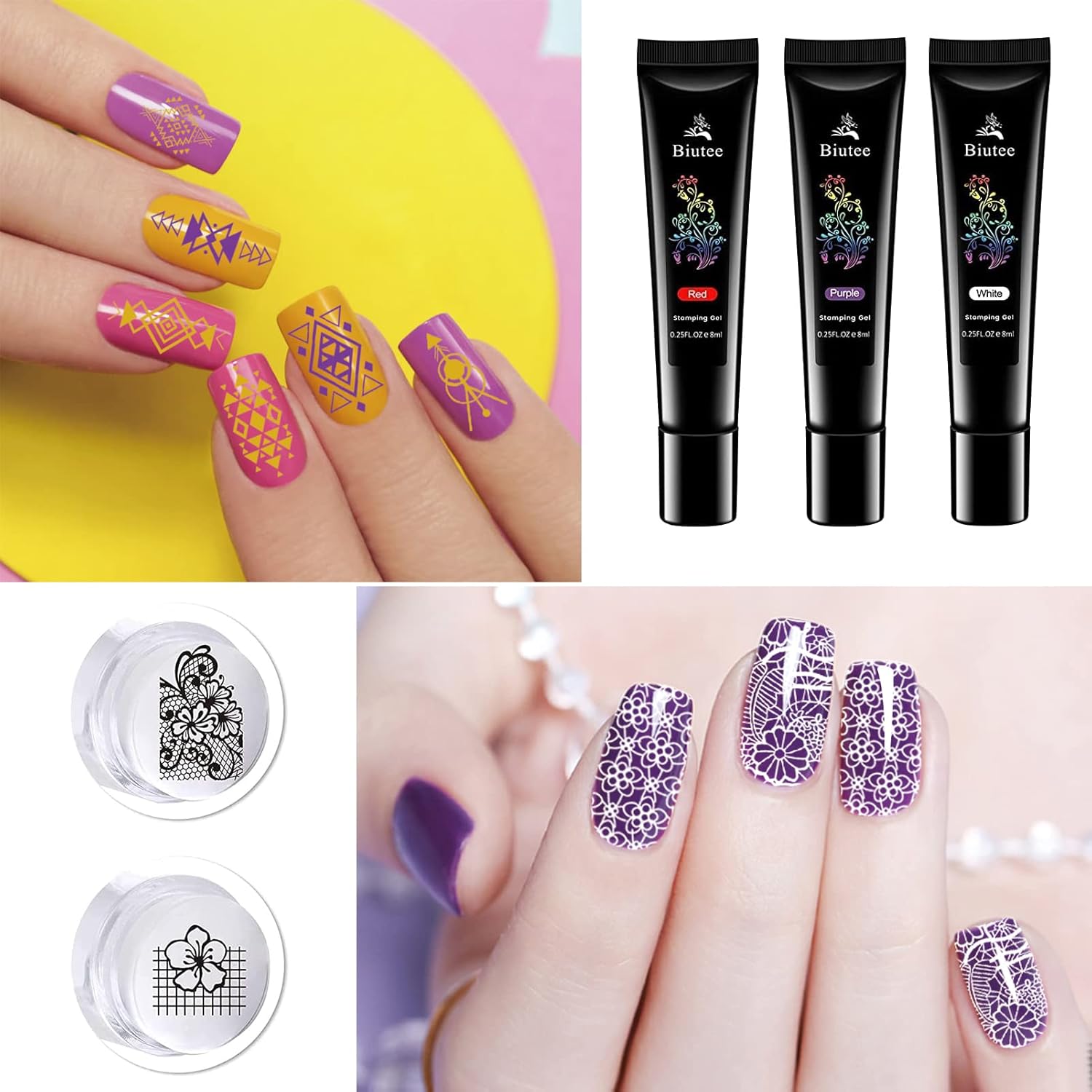 Nail Stamping Gel Polish, 8 Colors Stamping Polish Red Black White Purple Blue Silver Soak Off Printed Polish UV Stamp Nail Polish for Nail Stamp Plate Stamper DIY Nail Art Design - Image 2