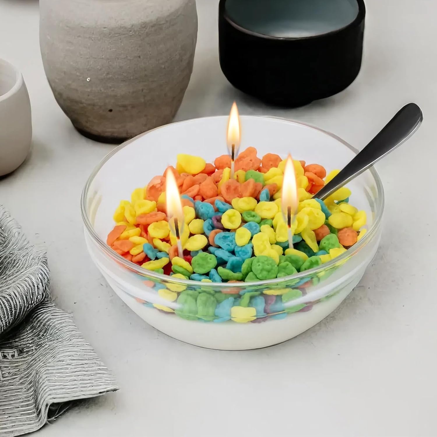 Fruity Cereal Bowl Candle with Spoon 3 Wick Soy Wax Cute Breakfast Decor Gift - Image 3