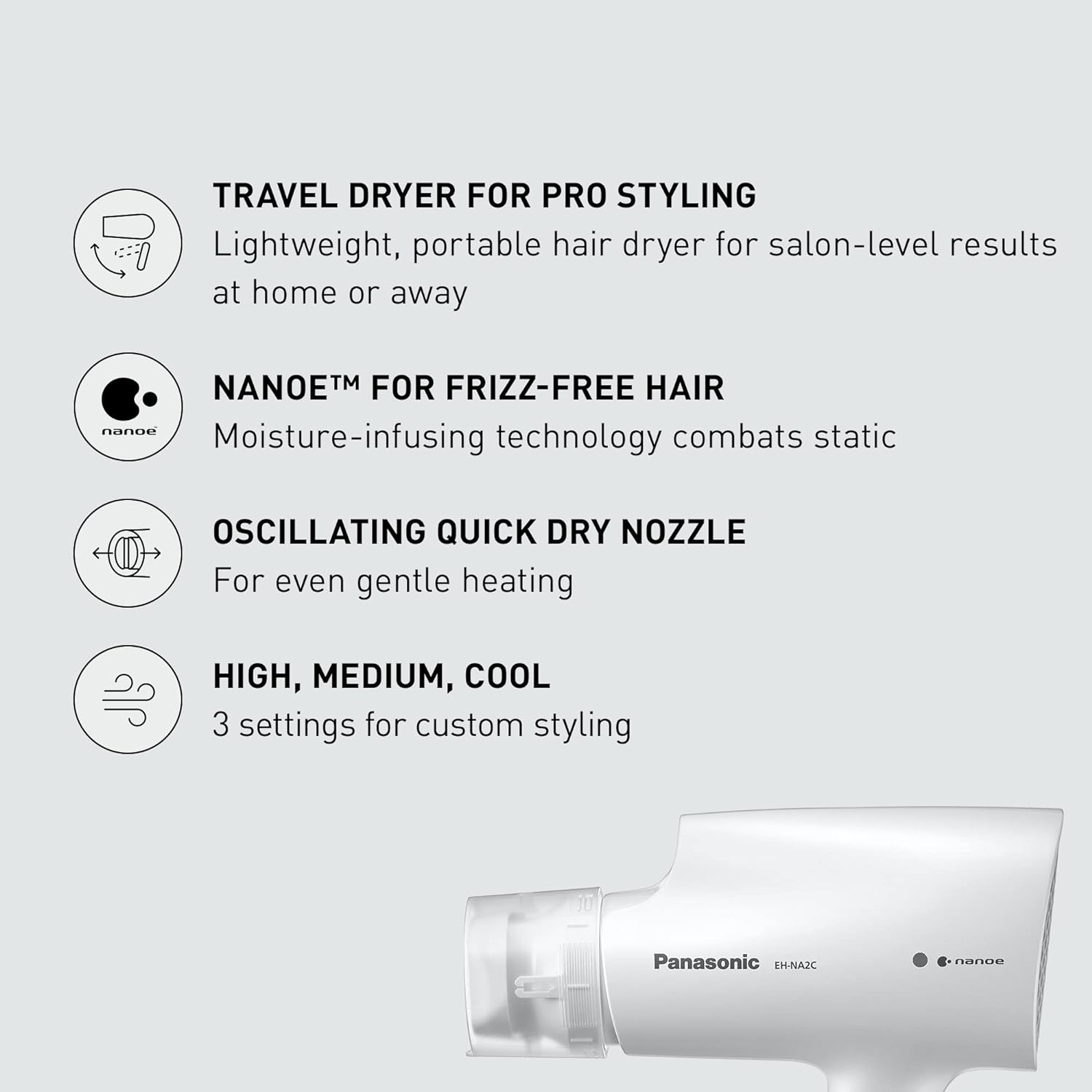 Panasonic nanoe Compact Hair Dryer with Oscillating Quick Dry Nozzle for Healthier-Looking Hair, Folding Blow Dryer for Travel and Home, 3 Airflow Settings - EH-NA2C-W (White) - Image 2