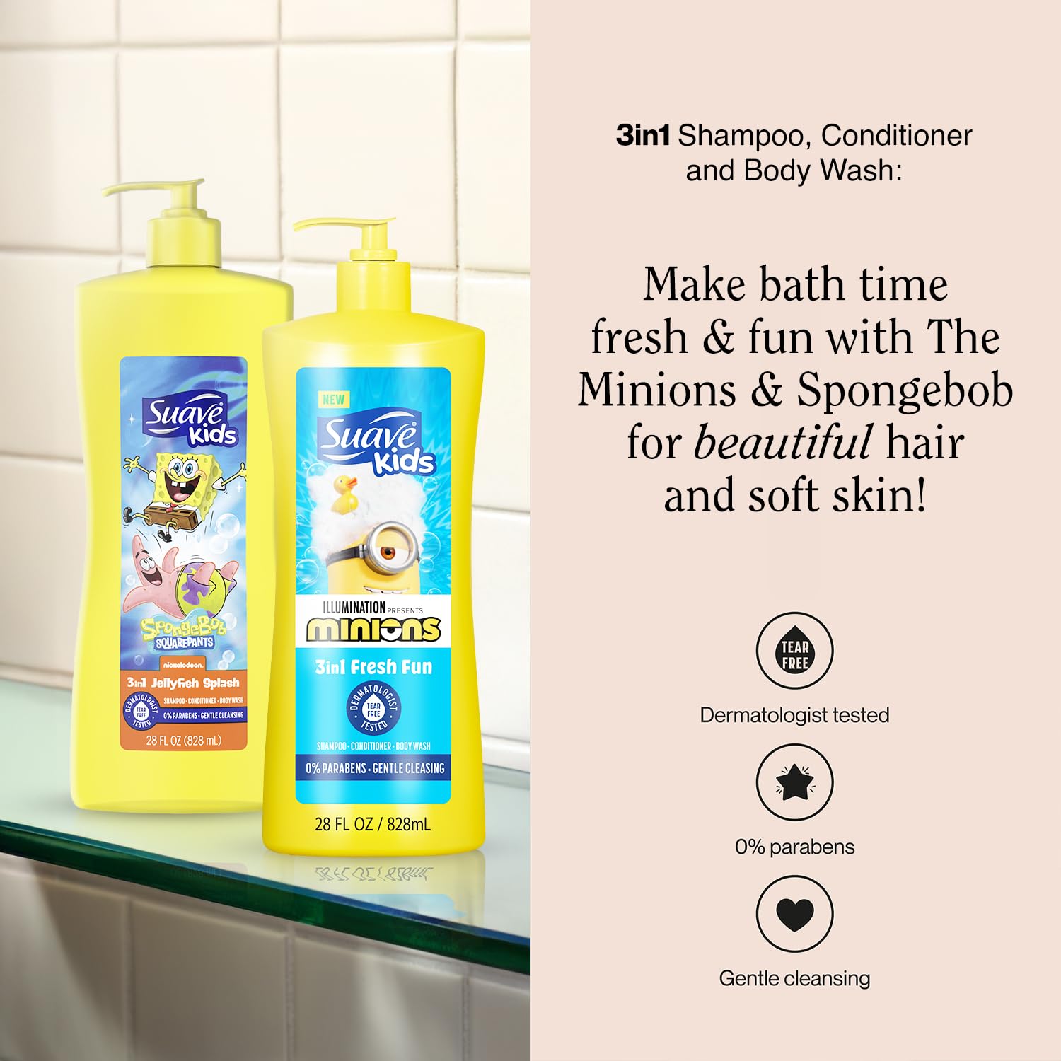 Suave Kids 3-in-1 Variety 2-Pack – Minions Fresh Fun + SpongeBob SquarePants JellyFish Splash Tear-Free Shampoo, Conditioner & Body Wash, 28 Oz Ea - Image 3