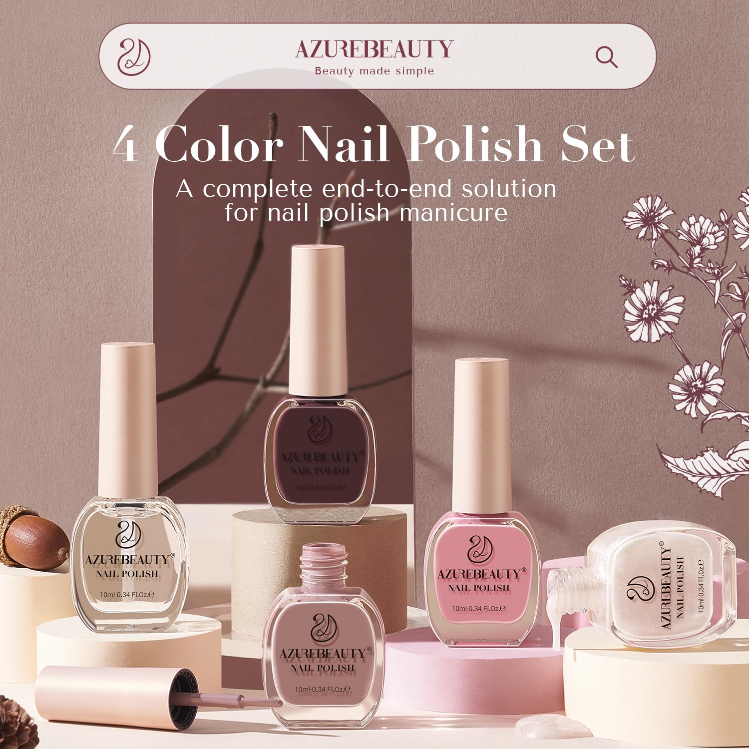 AZUREBEAUTY Nail Polish Set 4 Colors Brown Pink Glitter Nail Polish Quick Dry Natural Nail Lacquer Fingernail Strengthening Treatment Kit with Top Coat DIY Salon Home - Image 6