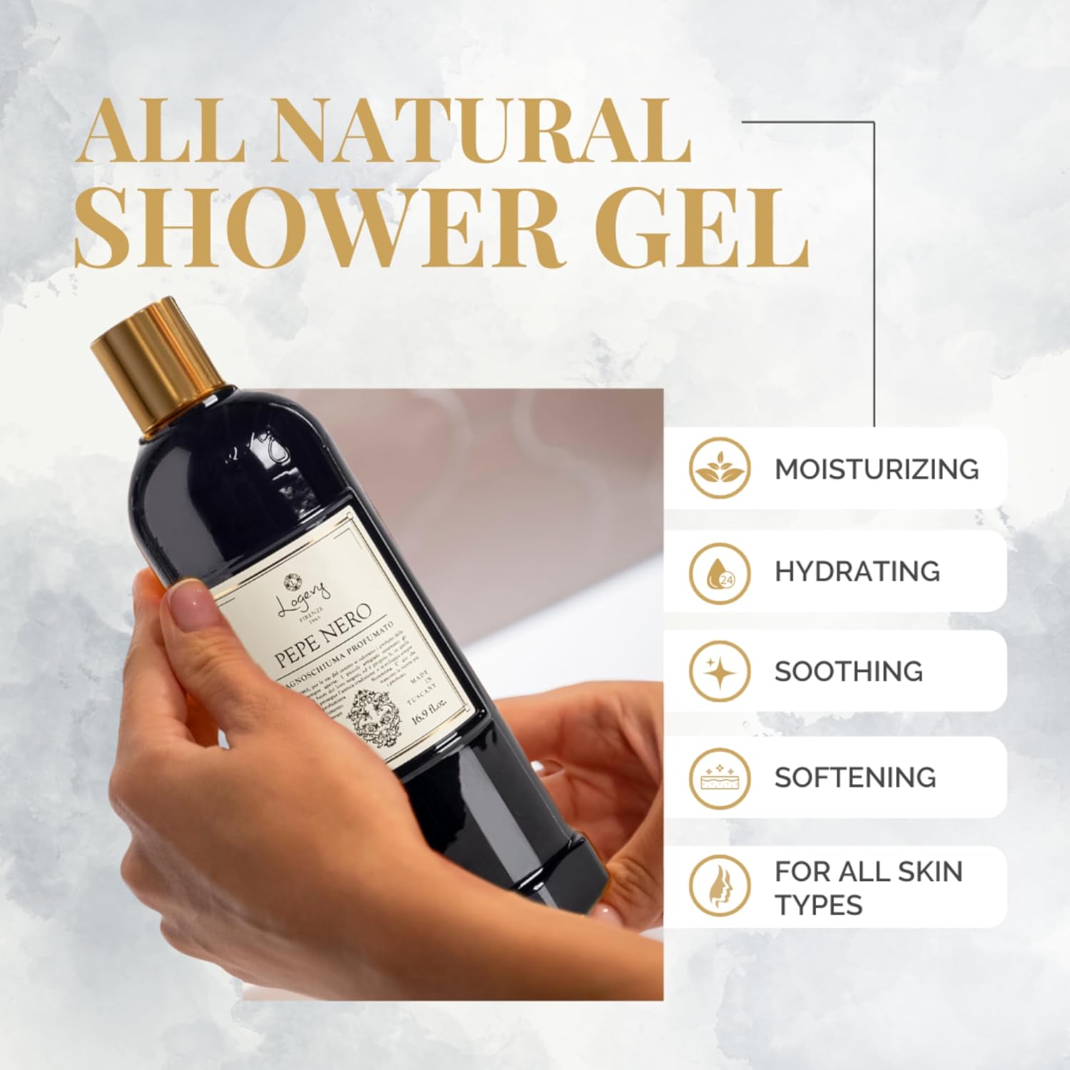 Logevy Pepe Nero Shower Gel – Indulgent Black Pepper Aroma Made from the Best Skin-Friendly Ingredients, Rich in Nutritional Properties for Rejuvenating, Hydrating, and Soothing Action – 500ml - Image 5