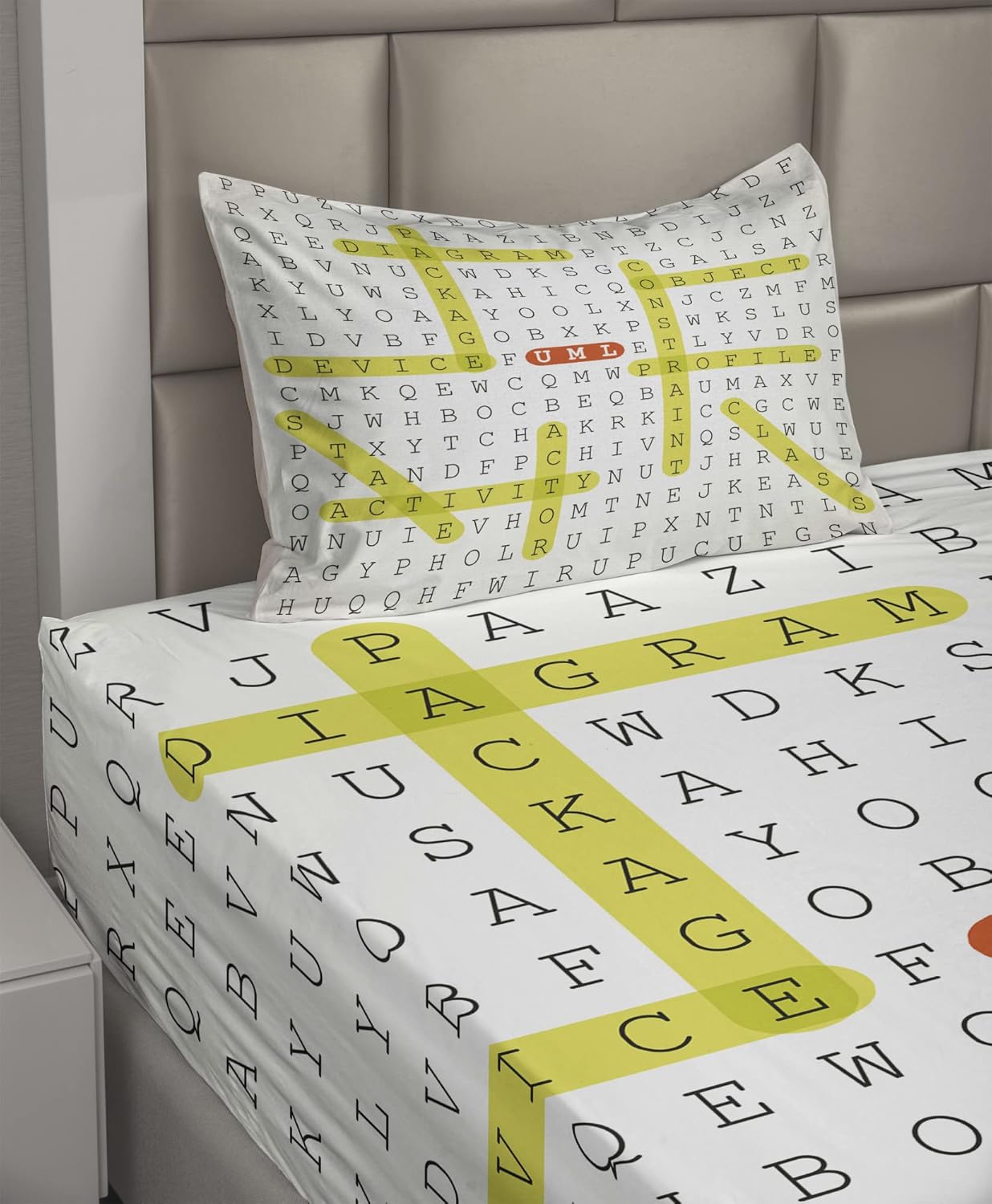 Ambesonne Word Search Game Sheet Set, Unified Modeling Language Word Game with Highlighted Keywords, Fitted and Flat Sheet with Pillowcase Bedding Accent 3 Piece Set, Twin, Black Yellow Orange - Image 2