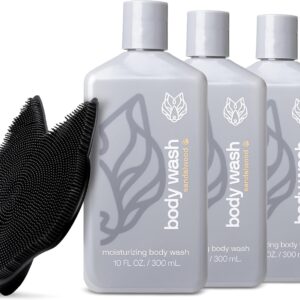 Black Wolf 3-Pack Moisturizing Body Wash & Silicone Body Scrubber Kit for Men - Mens Hydrating Bodywash for Dry, Dehydrated, & Sensitive Skin - Men's Shower & Bathroom Essentials Gift Set