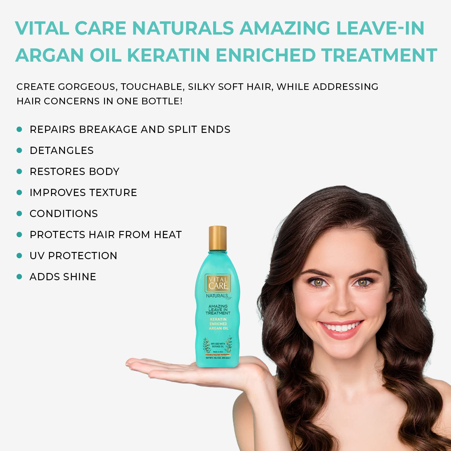 Vital Care Keratin Amazing Leave In Argan Oil Treatment - Gentle Keratin Complex Hair Treatment is Non-Stripping for Daily Use, Hydrating & Repairing – Abyssinian & Sunflower Oil and Silk Amino Acids - Image 2
