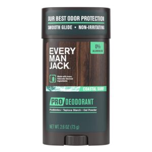 Every Man Jack Men's Pro Deodorant - 48-Hour Odor Defense Blend - Aluminum Free - Contains Postbiotics, Tapioca Stach & Oat Powder - Coastal Surf Scent - 2.6 oz (1 Pack)