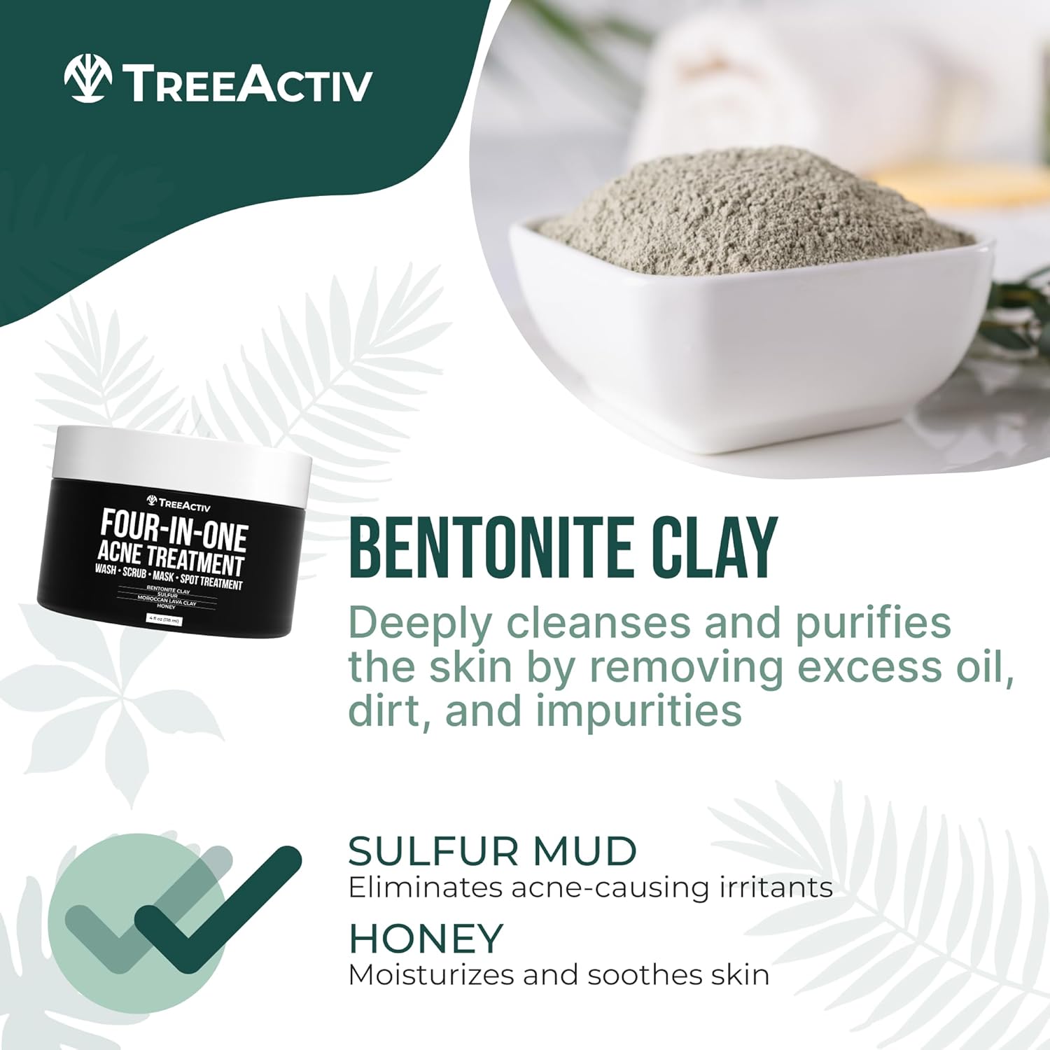 TreeActiv Four-in-One Acne Treatment | Wash, Scrub, Mask, and Spot Treatment | Heals Rosacea | Exfoliating Sugar | Face or Body | Natural Sulfur Clear Skin Cleanser | Bentonite (4 Ounce) - Image 6