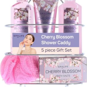 SpaLife Cherry Blossoms Gift Set - 5-Piece Bath and Shower Caddie, Bubble Bath, Shower Gel, Bath Salts, Body Lotion, Relaxing Luxury at Home Spa Experience, Perfect Mother's Day Bath Gift for Women