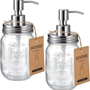 Amolliar Mason Jar Liquid Soap Dispenser, Rustproof Stainless Steel Pump Lid, Refillable Hand Soap for Bathroom, Dish Soap Dispenser for Kitchen, Bath, Waterproof Stickers,16Oz Brushed Nickel(2 Pack)