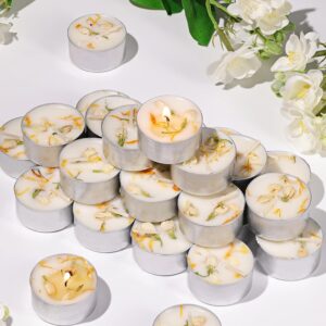 48 Pcs Jasmine Scented Tealight Candles, 6H Long Burning - 100% Palm Wax Based Scented Tea Lights with Dried Flowers, Non-Toxic/Smokeless Scented Tea Lights Candles Bulk for Spa, Bath, Wedding