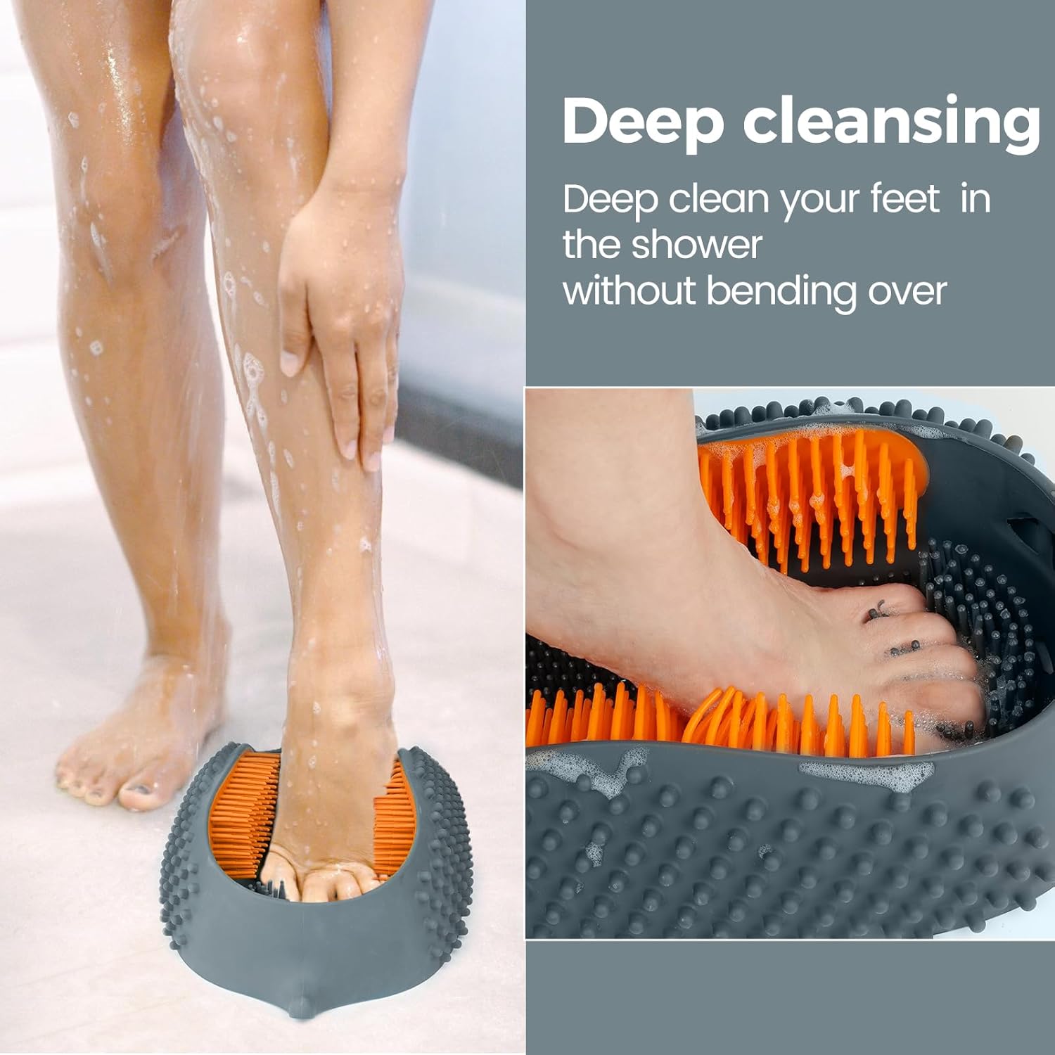 Lu-lala Shower Foot Scrubber - Portable Manual Foot Massager Cleaner Care for Soothe Feet Neuropathy Achy, Improve Foot Circulation - Wet and Dry use, Fits Plus Size Feet (Gray-Orange) - Image 2