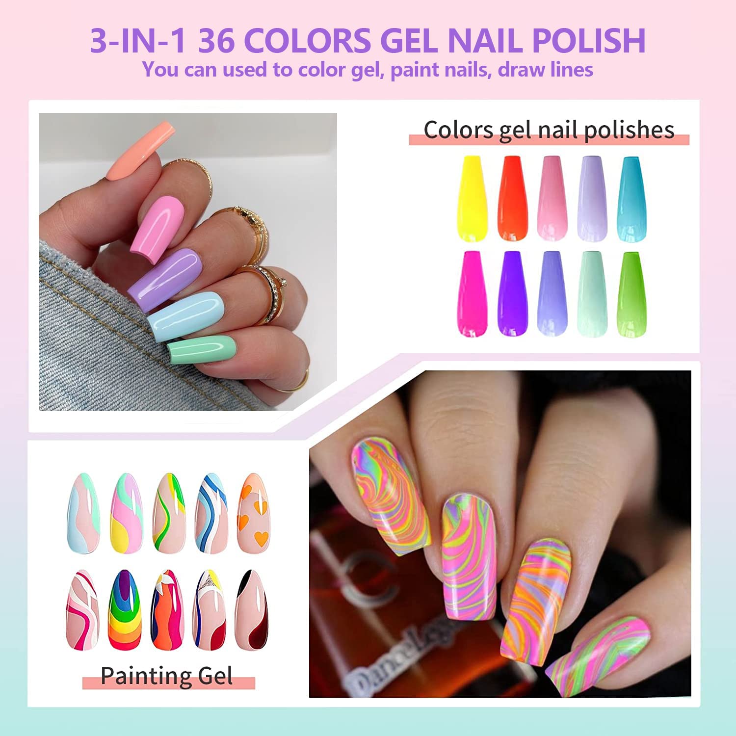 36 Colors Nail Art Gel Paint Kit, 38PCS Gel Nail Polish Set, Solid Gel Nail Polish with Nail Brush for DIY Nail Art Design, Solid Nail Art Gel Polish for DIY At Home - Image 3