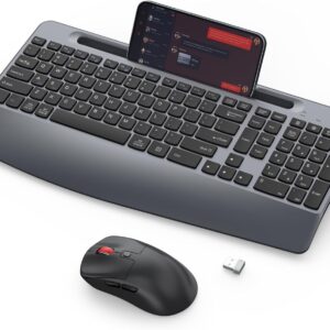 Ergonomic Wireless Keyboard and Mouse with Wrist Rest,Phone Holder - 2.4GHz Full-Sized Low-Profile Quiet Wireless Mouse and Keyboard Combo for Computer, Laptop, PC, Mac-Grey