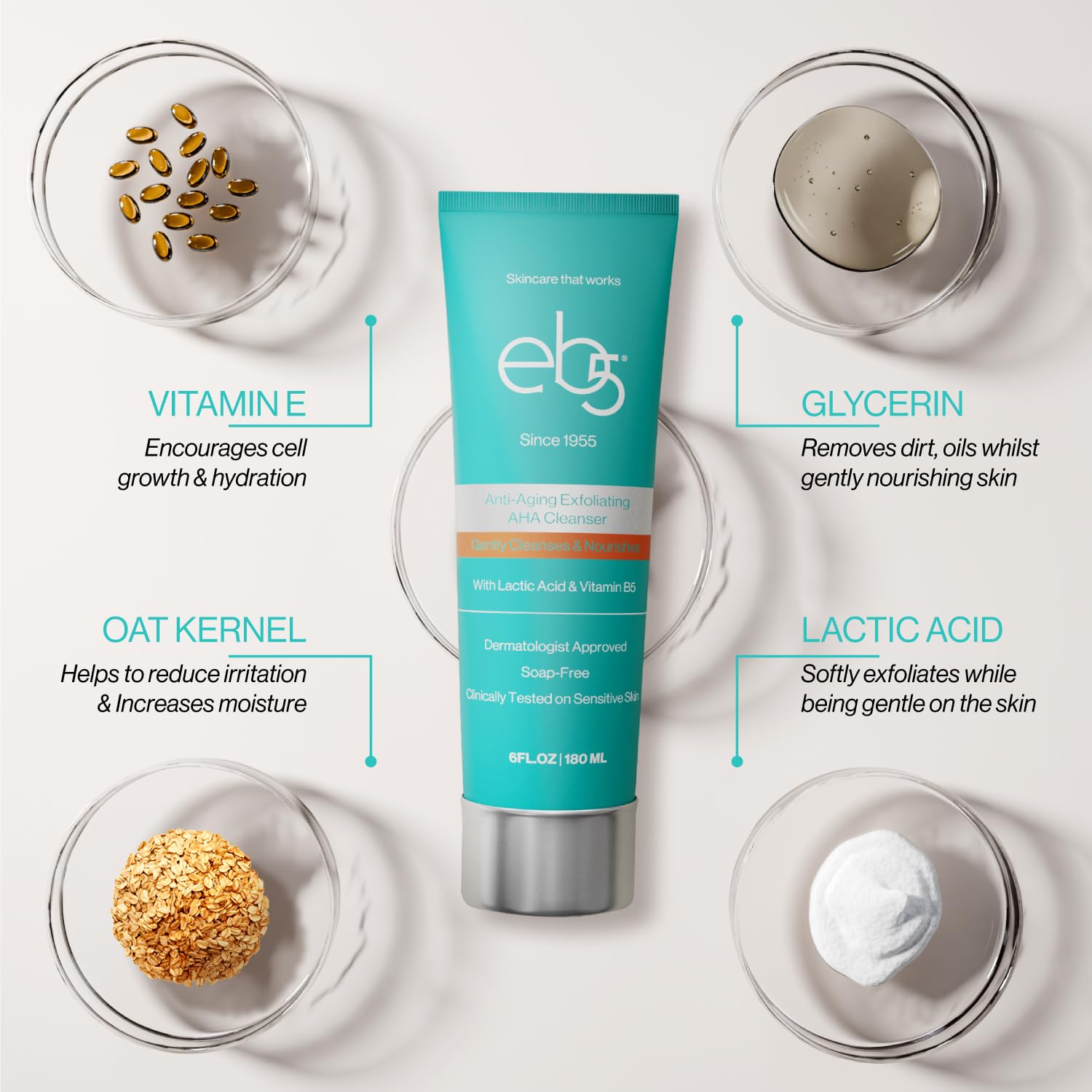 eb5 Exfoliating Aha Cleansing Lotion for Nourishing and Glowing Skin | Moisturizing, Soap-free, Anti-Aging Gentle Cleanser for Men & Women (6 Fl oz) - Image 5