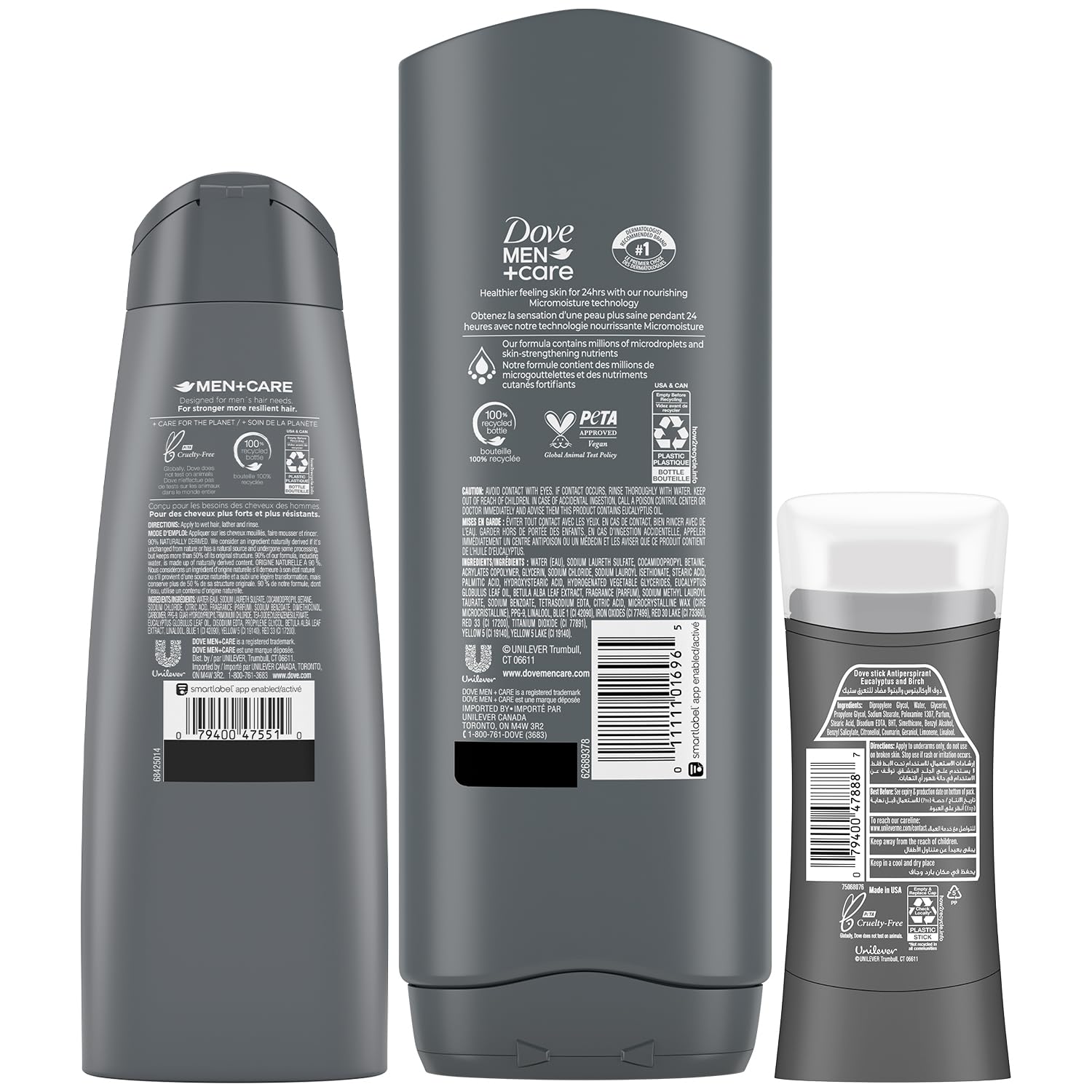Dove Men + Care Bundle – Blue Eucalyptus + Birch Body + Face Wash, 2-in-1 Shampoo + Conditioner & 48H Aluminum-Free Deodorant (3 Piece Set) - Image 3