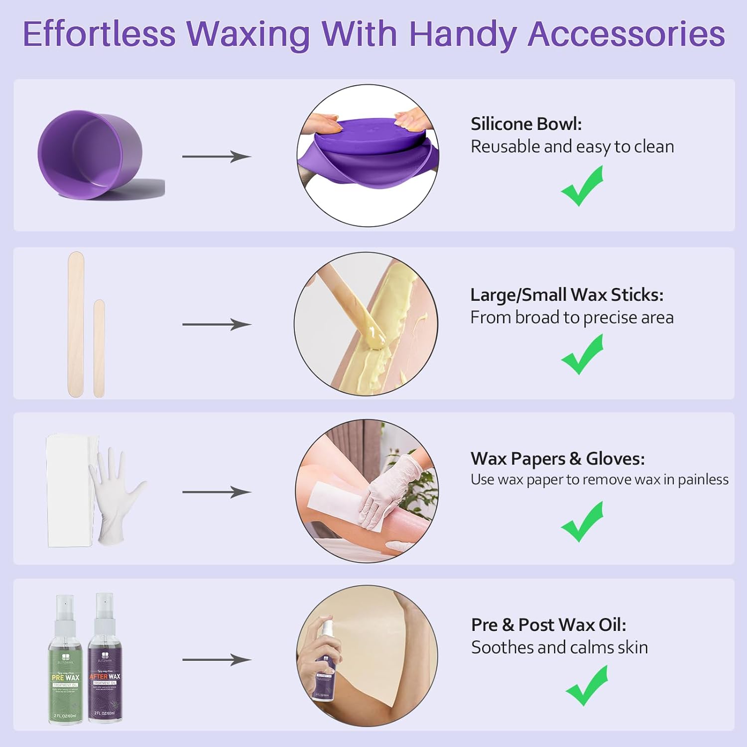 BLITZWAX Brazilian and Bikini Waxing Kit for Women, Hard Wax Warmer for Face, Legs and Body, At Home Hair Removal Kit, Beginner Friendly, Digital Fast Heating, 51 Wax Items - Image 7