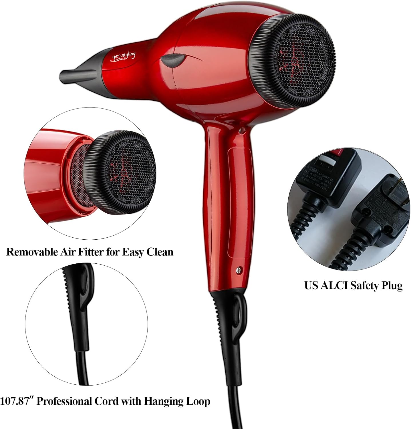 1875W Professional Salon Hair Dryer Cola Red with 2 Nozzles and 3 Heat Settings - Image 5