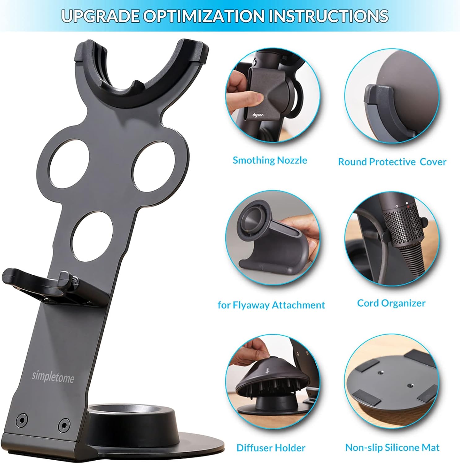 Simpletome Dyson Supersonic Hair Dryer Stand with Cable Organizer, Heavy Duty Steel, Grey - Image 2