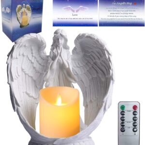 Carefree Fish Starry Sky White Angel Wing Praying Sandstone Statue Angel Figurine Prayer Home Decor Memorial LED Candle Holder 9Inch (Remote Control, with Timing Function.)