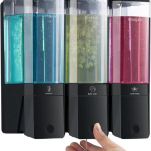 Shower Dispenser 3 Chamber No Drill Wall Mounted Shampoo Conditioner Body Wash Dispenser, Large Capacity 1500ML, Black