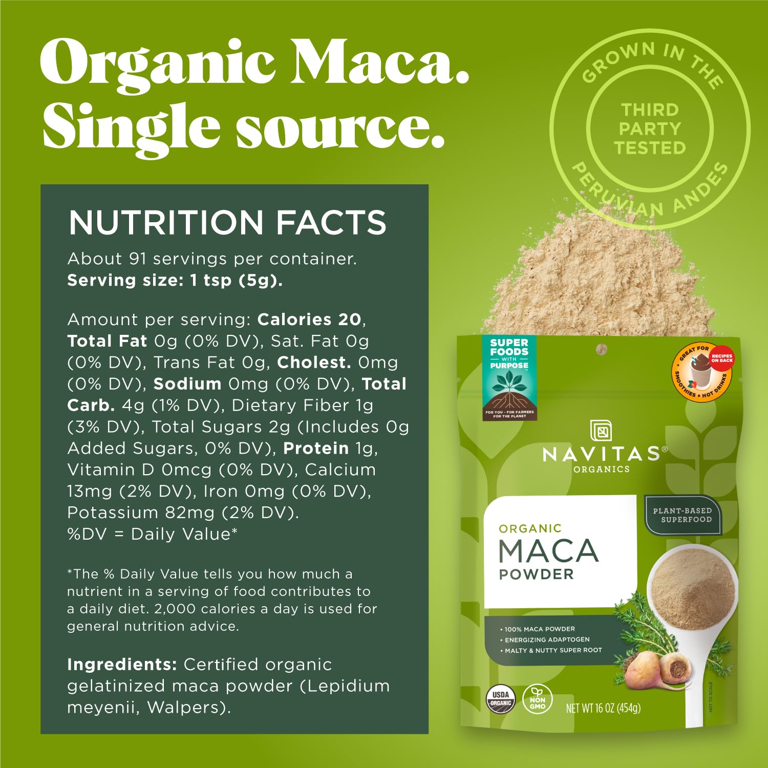 Navitas Organics Maca Powder – 100% Gelatinized Peruvian Maca for Smoothies, Lattes, Baking & More – Energize & Balance - USDA Organic, Non GMO, Vegan, Gluten Free (16oz. Bag, 180 Servings, 2-Pack) - Image 2