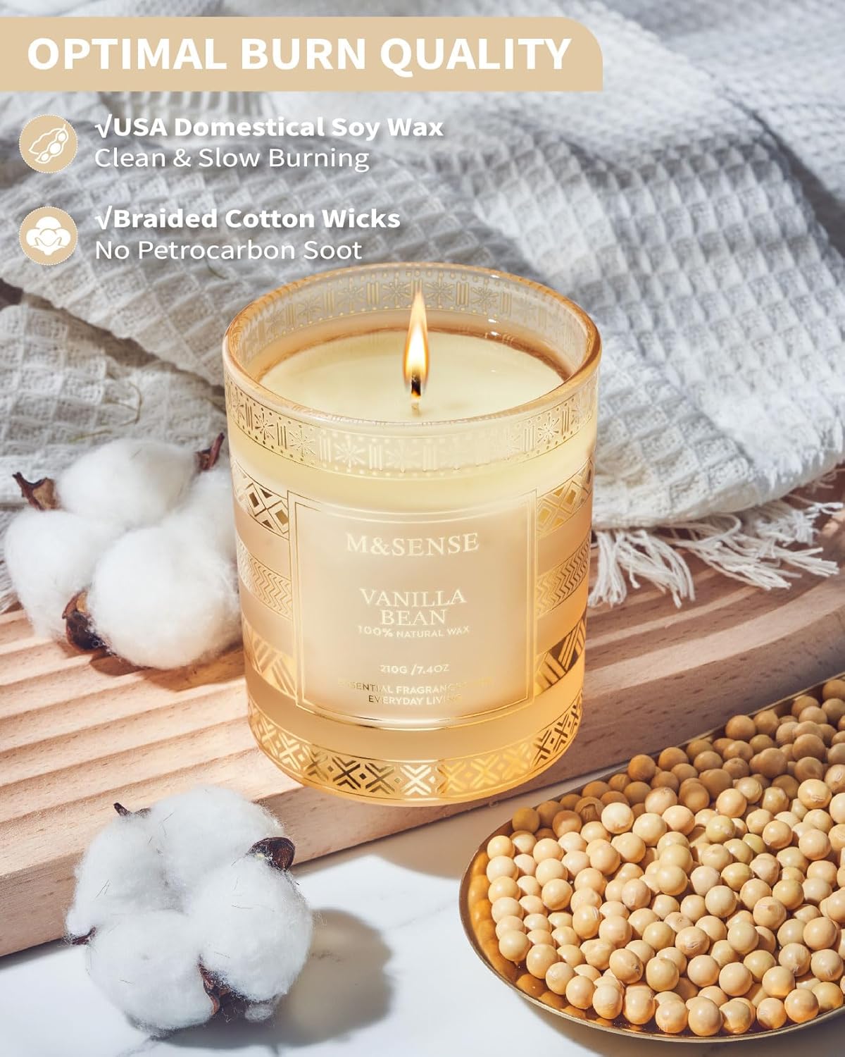 M&SENSE Vanilla Bean Soy Candle Set 7.4oz 45 Hour Burn Time Home Gift - Image 3