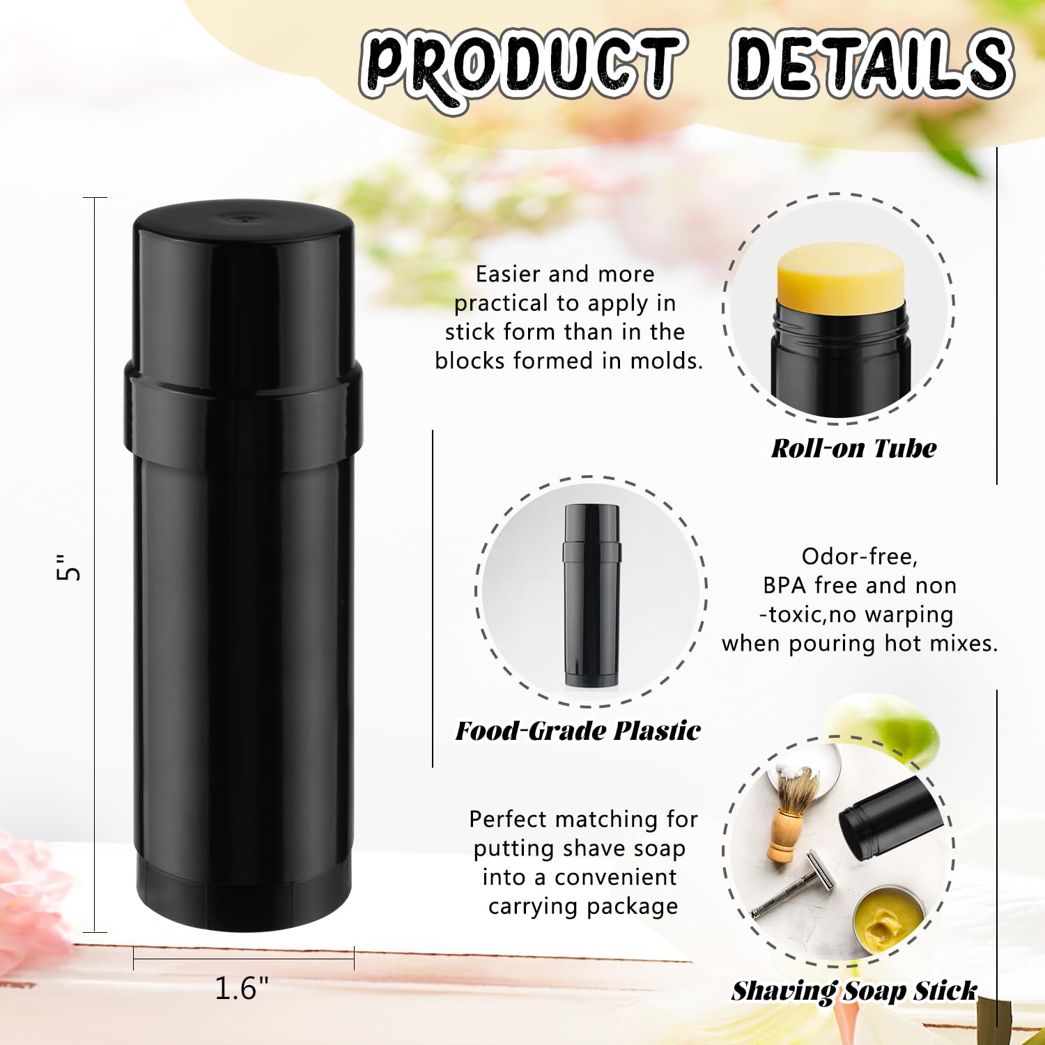 15 Pack 2 oz/60ml Plastic Deodorant Containers,Empty Round Twist-Up Solid Stick Tube Container for Homemade Deodorant,Shaving Soap Stick,Heel Lip Balm,Solid Lotion Bars-Top Filling,Black - Image 2