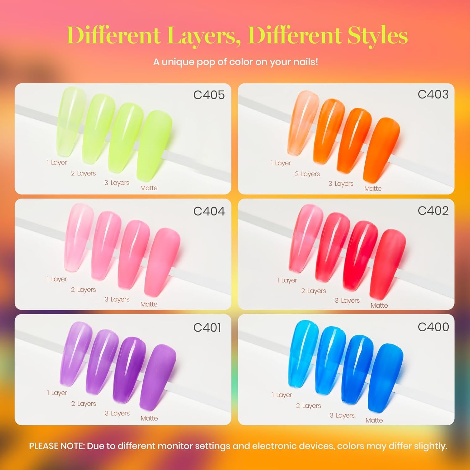 Beetles 6-Color Summer Neon Jelly Gel Nail Polish Set for Women Sheer UV Manicure - Image 2