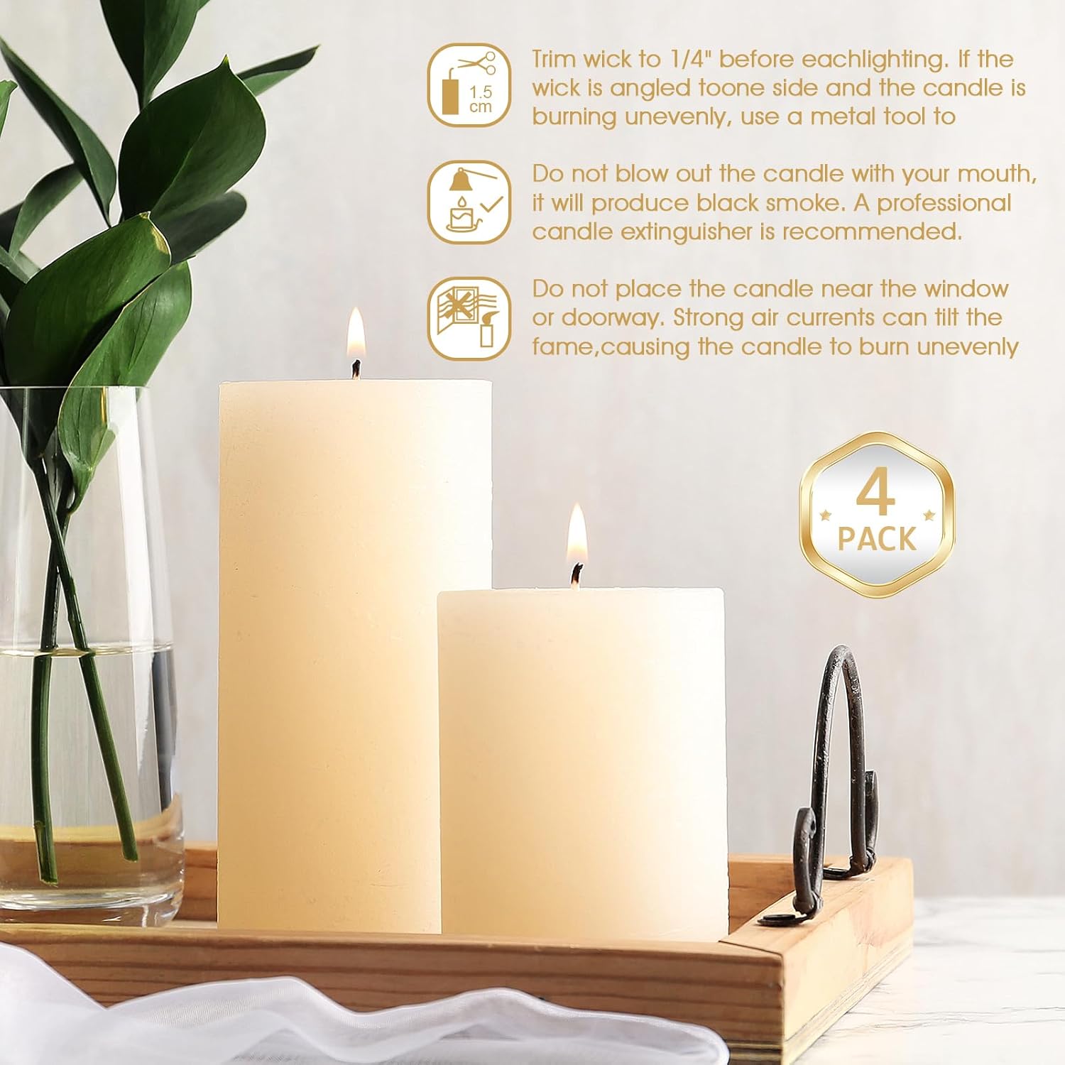 Uscented Pillar Candles, Ivory Pillar Candle Set of 4, 3 x 4 Inch Dripless and Smokeless Large Pillar Candles for Dinner Table, Christmas and Home Decor 55 Hours Long Burning Time - Image 2