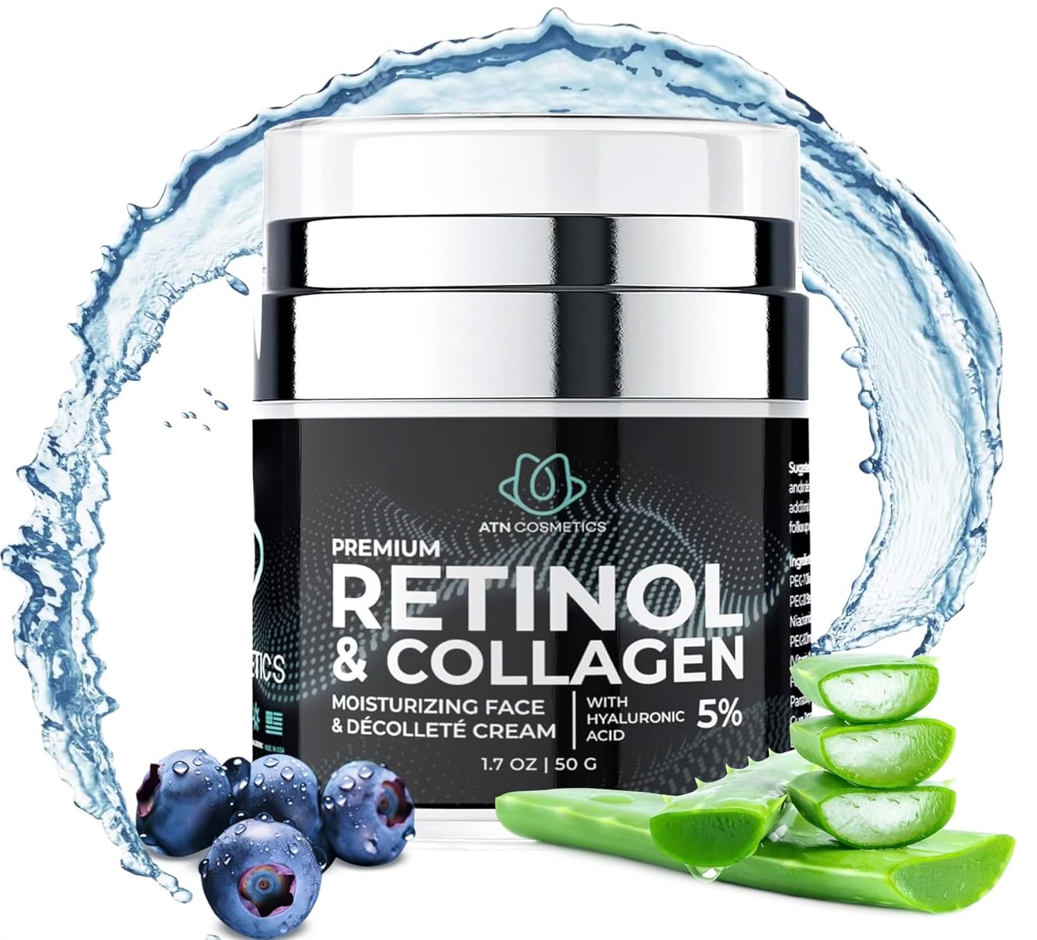 Retinol Cream for Face & Neck, Collagen Moisturizer, Day & Night Cream for Women & Men, Anti Aging, Wrinkle Cream with Hyaluronic Acid, Made in USA