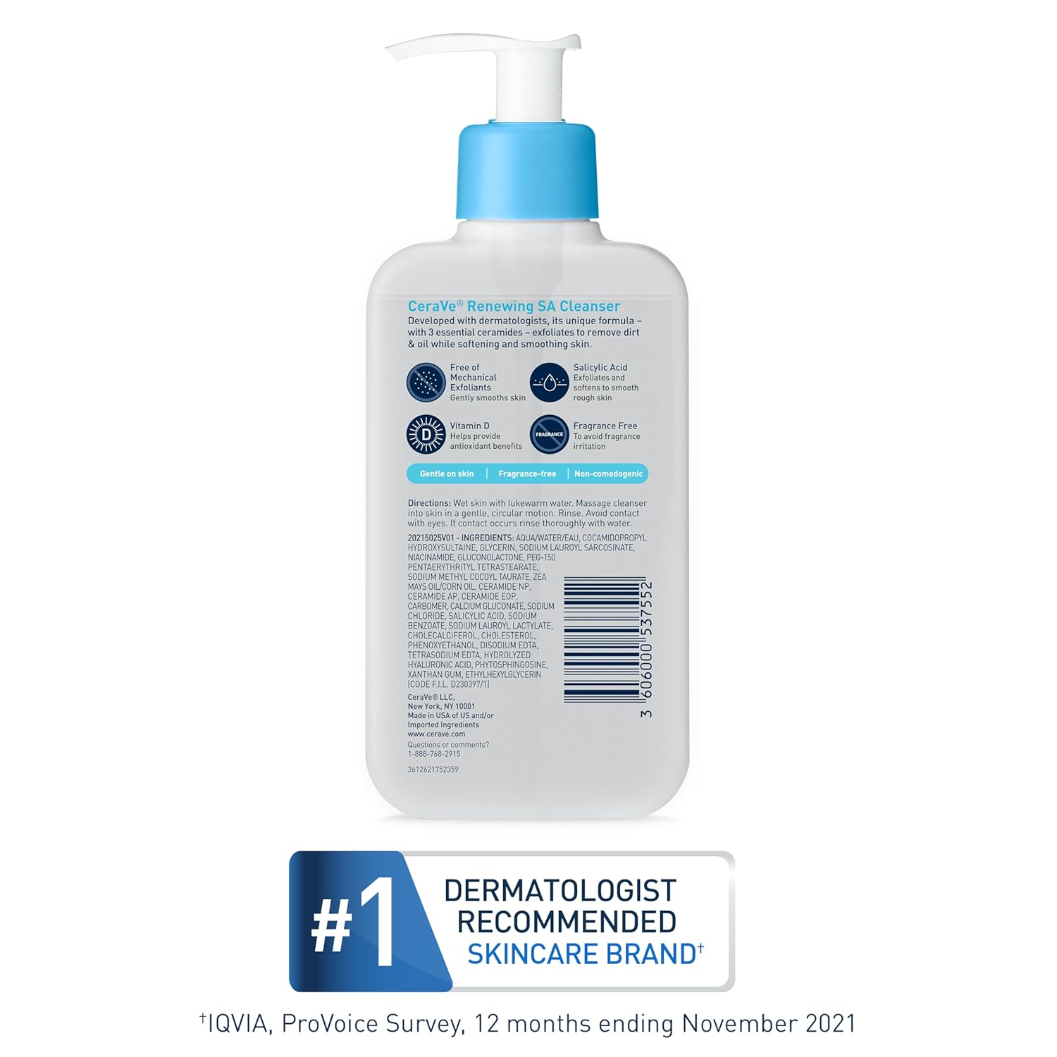CeraVe Renewing Salicylic Acid Cleanser, Formulated With Hyaluronic Acid, Niacinamide, & Ceramides, Gentle BHA Exfoliating Face Wash Smooths & Softens Skin, Non Comedogenic & Fragrance Free, 16 Ounce - Image 7
