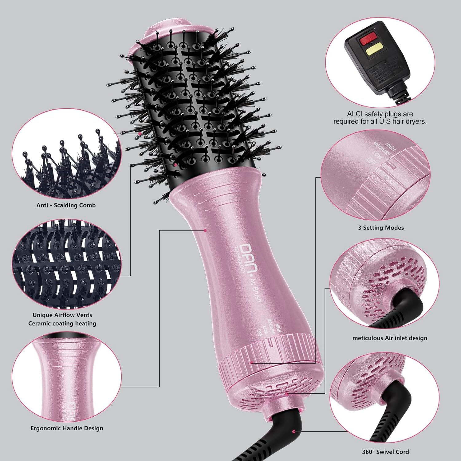 DAN Technology Dual Voltage 2-Inch Hair Dryer Brush Multifunctional Travel Plug - Image 6