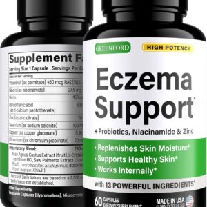 Greenford Eczema Treatment & Support for Natural Relief - Made in USA - Skin Vitamins & Herbals for Eczema, Acne, Psoriasis, Rosacea Treatment with Zinc, Niacinamide & Probiotics - 60 caps