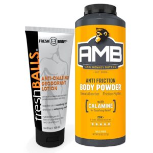 Anti-Monkey Butt AMB, 8oz Anti-chafing Powder & Fresh Balls Cream, 3.4oz, Men's Lotion to Powder Ball Deodorant - Anti-Friction No Sweat Bundle, Hygiene for Groin Area