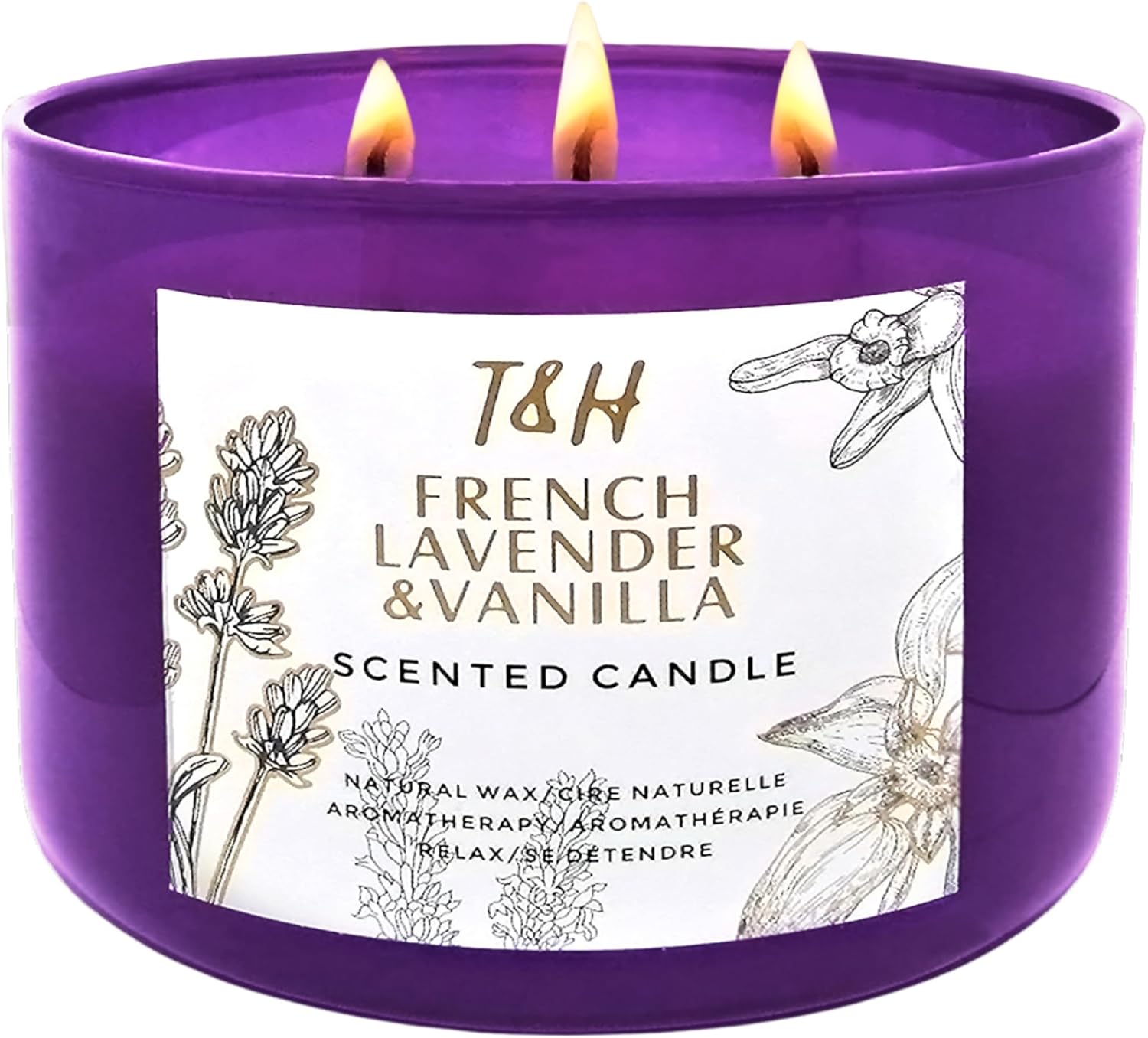 Lavender Vanilla Aromatherapy Candle 3 Wick | Scented Candles for Home | 15.8 oz Large Soy Candle | Relaxing Candles with Long Lasting Fragrance | Decorative Candle Gift for Women