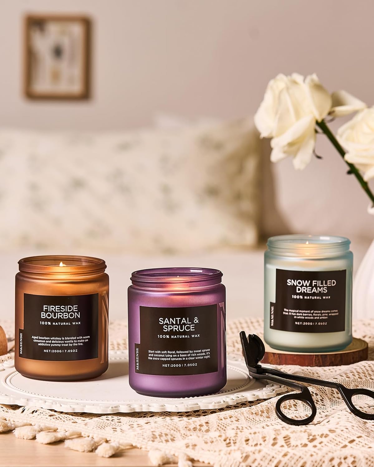 M&SENSE Fireside Bourbon Jar Candle, Clean Non-Toxic Soy Wax Campfire Candle Smoky Candle, Cotton Fall Scented Candle for Home Decor, 7.05oz Up to 50 Hours Burn Time Aromatherapy Candle for Bathroom - Image 7